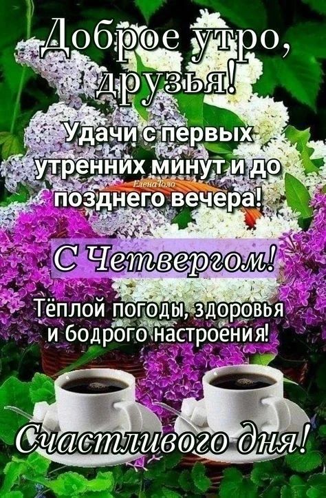 Доброе утро, друзья! Удачи с первых утренних минут и до позднего вечера! Елена Голо С Четвергом! Тёплой погоды, здоровья и бодрого настроения! Счастливого дня!