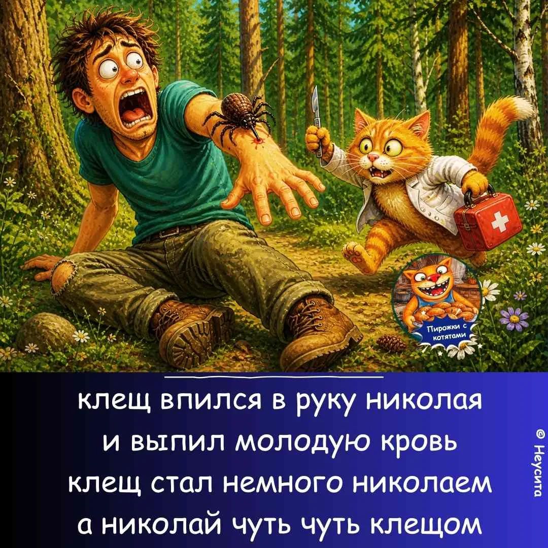 клещ впился в руку николая и выпил молодую кровь клещ стал немного николаем а николай чуть чуть клещом