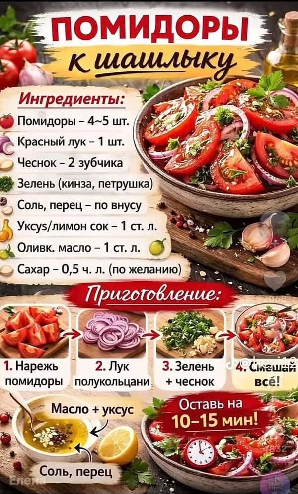 ПОМИДОРЫ К ШАШЛЫКУ. Ингредиенты: Помидоры – 4-5 шт. Красный лук – 1 шт. Чеснок – 2 зубчика. Зелень (кинза, петрушка). Соль, перец – по вкусу. Уксус/лимон сок – 1 ст. л. Оливк. масло – 1 ст. л. Сахар – 0,5 ч. л. (по желанию). Приготовление: 1. Нарежь помидоры. 2. Лук полукольцами. 3. Зелень + чеснок. 4. Смешай всё! Масло + уксус. Соль, перец.
