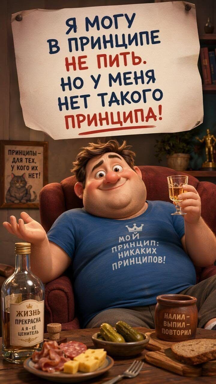 Я могу в принципе не пить. Но у меня нет такого принципа! Принципы — для тех, у кого их нет! Мой принцип: никаких принципов! Жизнь прекрасна, а я её ценитель. Налил — выпил — повторил