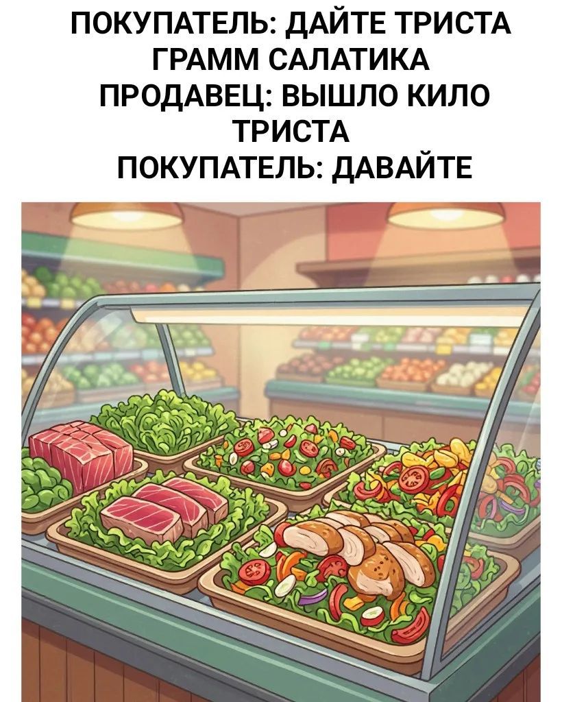 ПОКУПАТЕЛЬ: ДАЙТЕ ТРИСТА ГРАММ САЛАТИКА ПРОДАВЕЦ: ВЫШЛО КИЛО ТРИСТА ПОКУПАТЕЛЬ: ДАВАЙТЕ