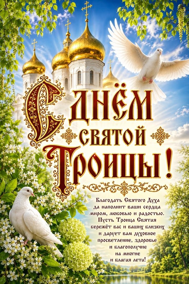 С ДНЁМ СВЯТОЙ ТРОИЦЫ! Благодать Святого Духа да наполнит ваши сердца миром, любовью и радостью. Пусть Троица Святая бережёт вас и ваших близких и дарует вам духовное просветление, здоровье и благополучие на многие и благая лета!