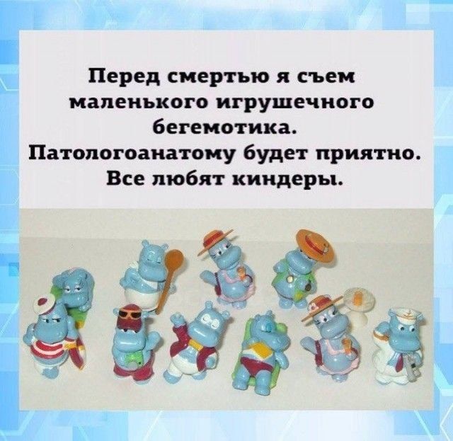 Перед смертью я съем маленького игрушечного бегемотика. Патологоанатому будет приятно. Все любят киндеры.