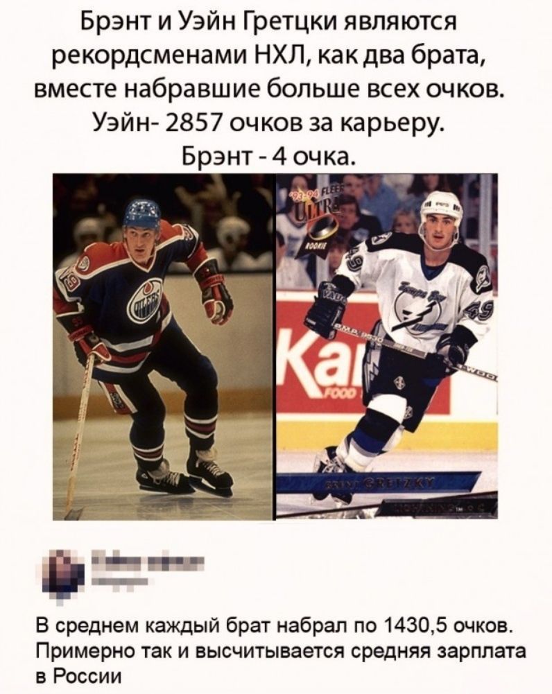 Брэнт и Уэйн Гретцки являются рекордсменами НХЛ, как два брата, вместе набравшие больше всех очков. Уэйн - 2857 очков за карьеру. Брэнт - 4 очка. В среднем каждый брат набрал по 1430,5 очков. Примерно так и высчитывается средняя зарплата в России