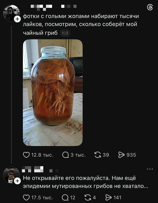 Фотки с голыми жопами набирают тысячи лайков, посмотрим, сколько соберёт мой чайный гриб 1/2 Не открывайте его пожалуйста. Нам ещё эпидемии мутированных грибов не хватало...