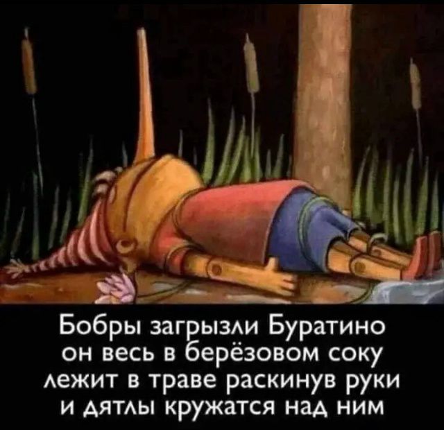 Бобры загрызли Буратино он весь в берёзовом соку лежит в траве раскинув руки и дятлы кружатся над ним