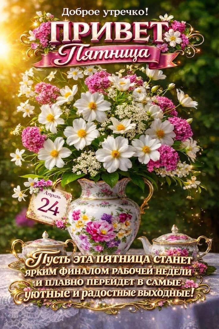Доброе утречко! ПРИВЕТ Пятница Апрель 24 апрель Пусть эта пятница станет ярким финалом рабочей недели и плавно перейдет в самые уютные и радостные выходные!