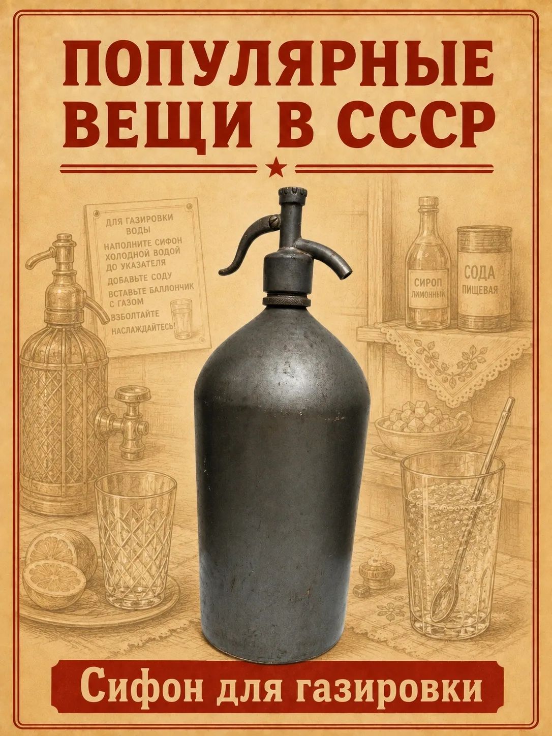 ПОПУЛЯРНЫЕ ВЕЩИ В СССР Сифон для газировки ДЛЯ ГАЗИРОВКИ ВОДЫ НАПОЛНИТЕ СИФОН ХОЛОДНОЙ ВОДОЙ ДО УКАЗАТЕЛЯ ДОБАВЬТЕ СОДУ ВСТАВЬТЕ БАЛЛОНЧИК С ГАЗОМ ВЗБОЛТАЙТЕ НАСЛАЖДАЙТЕСЬ! СИРОП ЛИМОННЫЙ СОДА ПИЩЕВАЯ