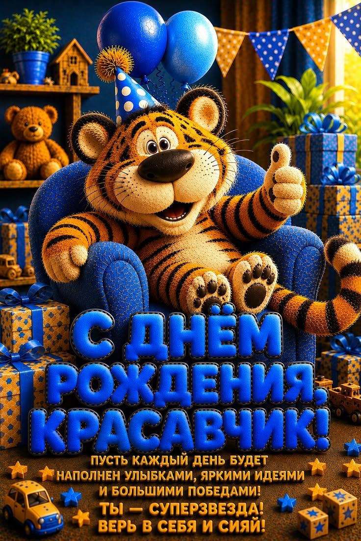 С ДНЁМ РОЖДЕНИЯ, КРАСАВЧИК! ПУСТЬ КАЖДЫЙ ДЕНЬ БУДЕТ НАПОЛНЕН УЛЫБКАМИ, ЯРКИМИ ИДЕЯМИ И БОЛЬШИМИ ПОБЕДАМИ! ТЫ — СУПЕРЗВЕЗДА! ВЕРЬ В СЕБЯ И СИЯЙ!