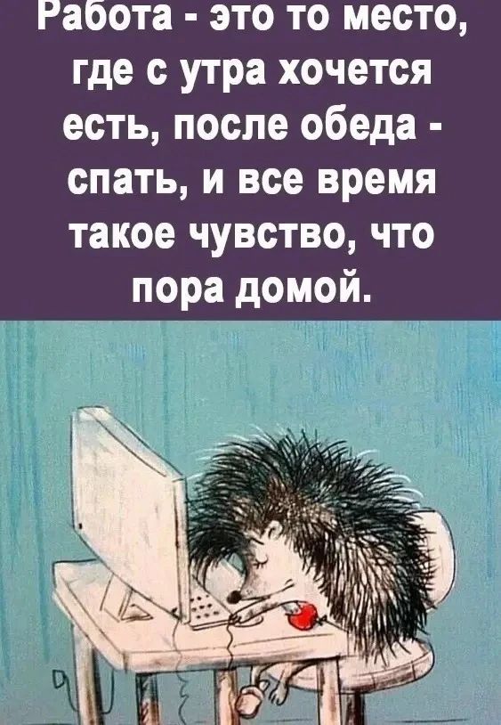 Работа - это то место, где с утра хочется есть, после обеда - спать, и все время такое чувство, что пора домой.