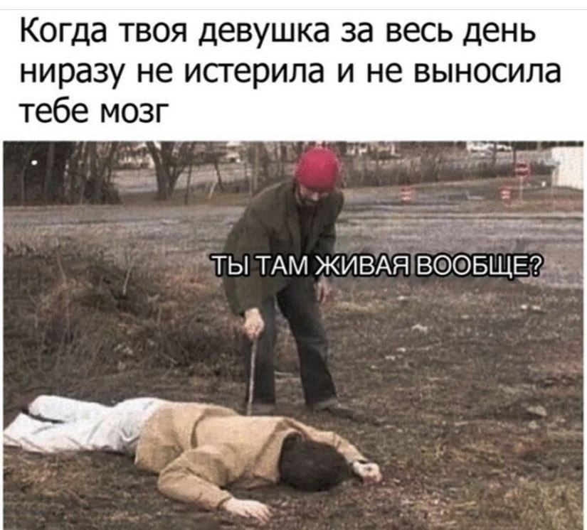 Когда твоя девушка за весь день ниразу не истерила и не выносила тебе мозг. Ты там живая вообще?