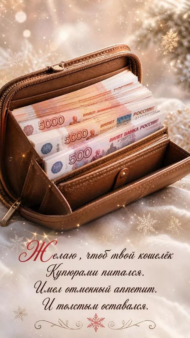 Желаю, чтоб твой кошелёк купюрами питался. Имел отменный аппетит. И толстым оставался.