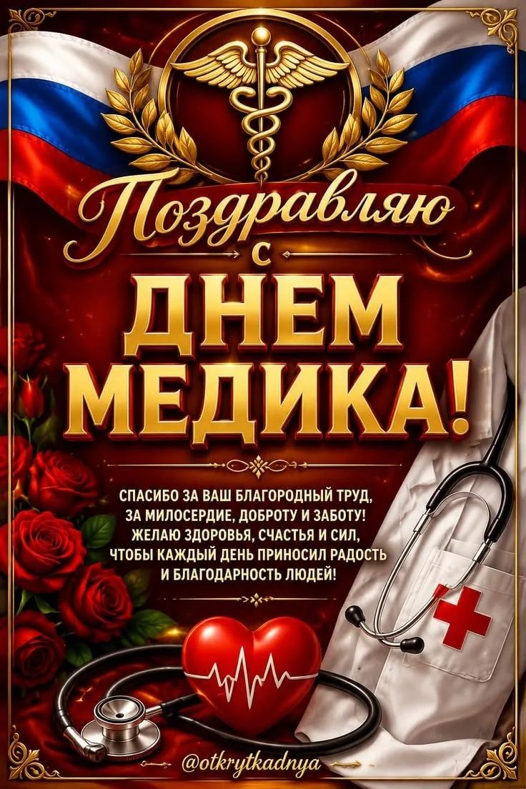 Поздравляю с ДНЕМ МЕДИКА! СПАСИБО ЗА ВАШ БЛАГОРОДНЫЙ ТРУД, ЗА МИЛОСЕРДИЕ, ДОБРОТУ И ЗАБОТУ! ЖЕЛАЮ ЗДОРОВЬЯ, СЧАСТЬЯ И СИЛ, ЧТОБЫ КАЖДЫЙ ДЕНЬ ПРИНОСИЛ РАДОСТЬ И БЛАГОДАРНОСТЬ ЛЮДЕЙ! @otkrytkadnya