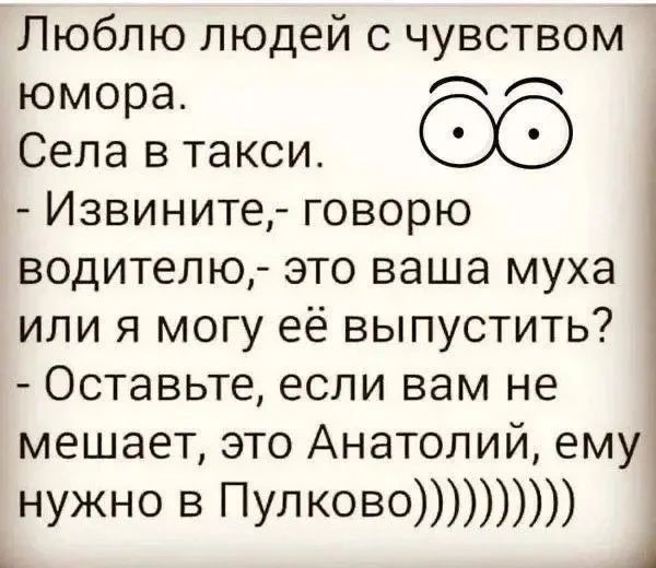 Люблю людей с чувством юмора. Села в такси. - Извините,- говорю водителю,- это ваша муха или я могу её выпустить? - Оставьте, если вам не мешает, это Анатолий, ему нужно в Пулково)))))))))))