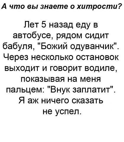 А что вы знаете о хитрости? Лет 5 назад еду в автобусе, рядом сидит бабуля, 