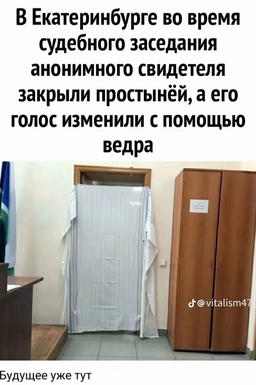 В Екатеринбурге во время судебного заседания анонимного свидетеля закрыли простынёй, а его голос изменили с помощью ведра. Будущее уже тут.
