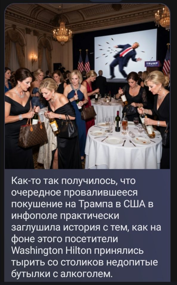 TRUMP Как-то так получилось, что очередное провалившееся покушение на Трампа в США в инфополе практически заглушила история с тем, как на фоне этого посетители Washington Hilton принялись тырить со столиков недопитые бутылки с алкоголем.