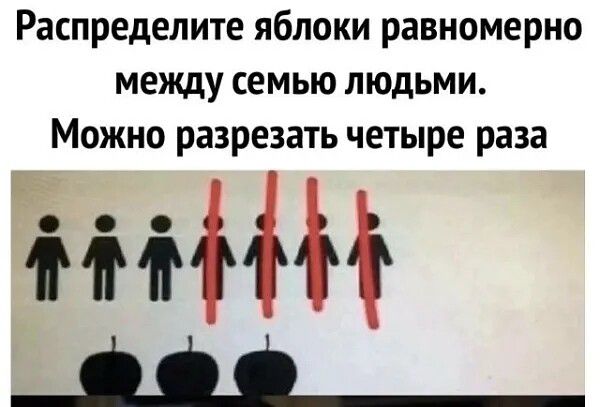 Распределите яблоки равномерно между семью людьми. Можно разрезать четыре раза