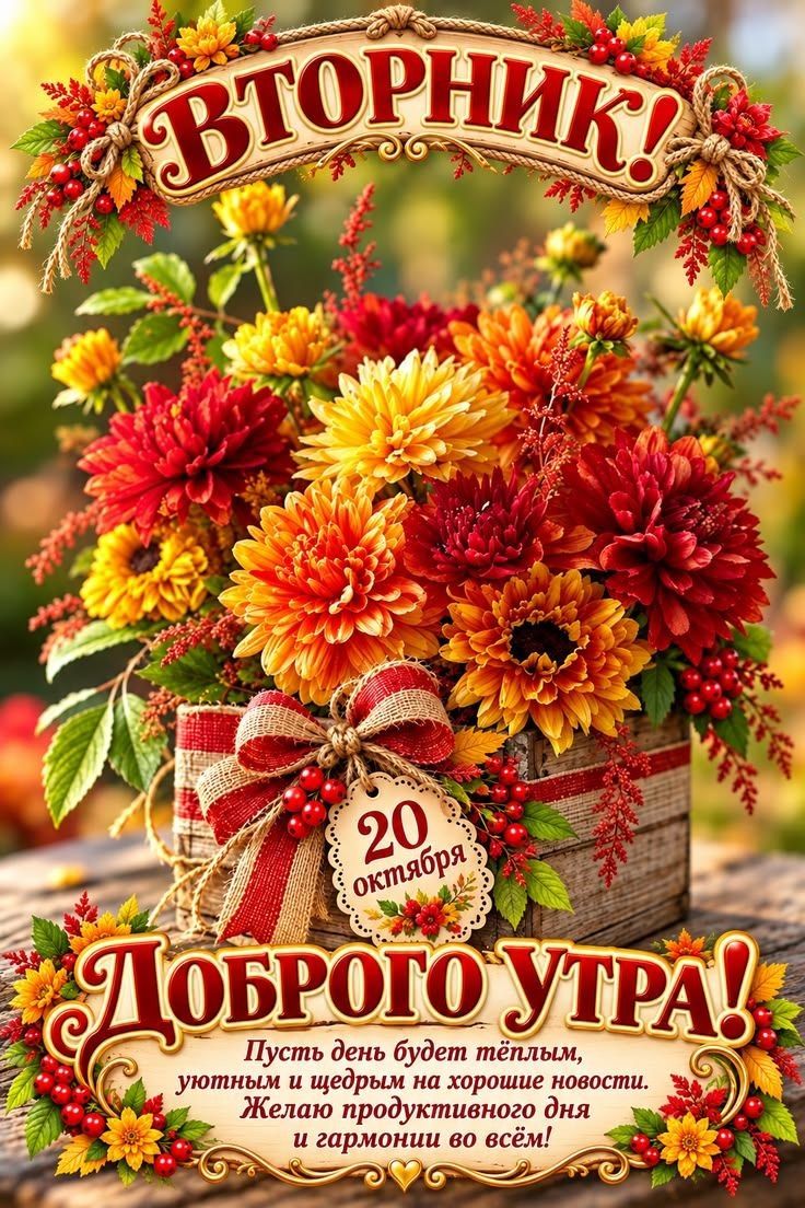 Вторник! 20 октября. Доброго утра! Пусть день будет тёплым, уютным и щедрым на хорошие новости. Желаю продуктивного дня и гармонии во всём!