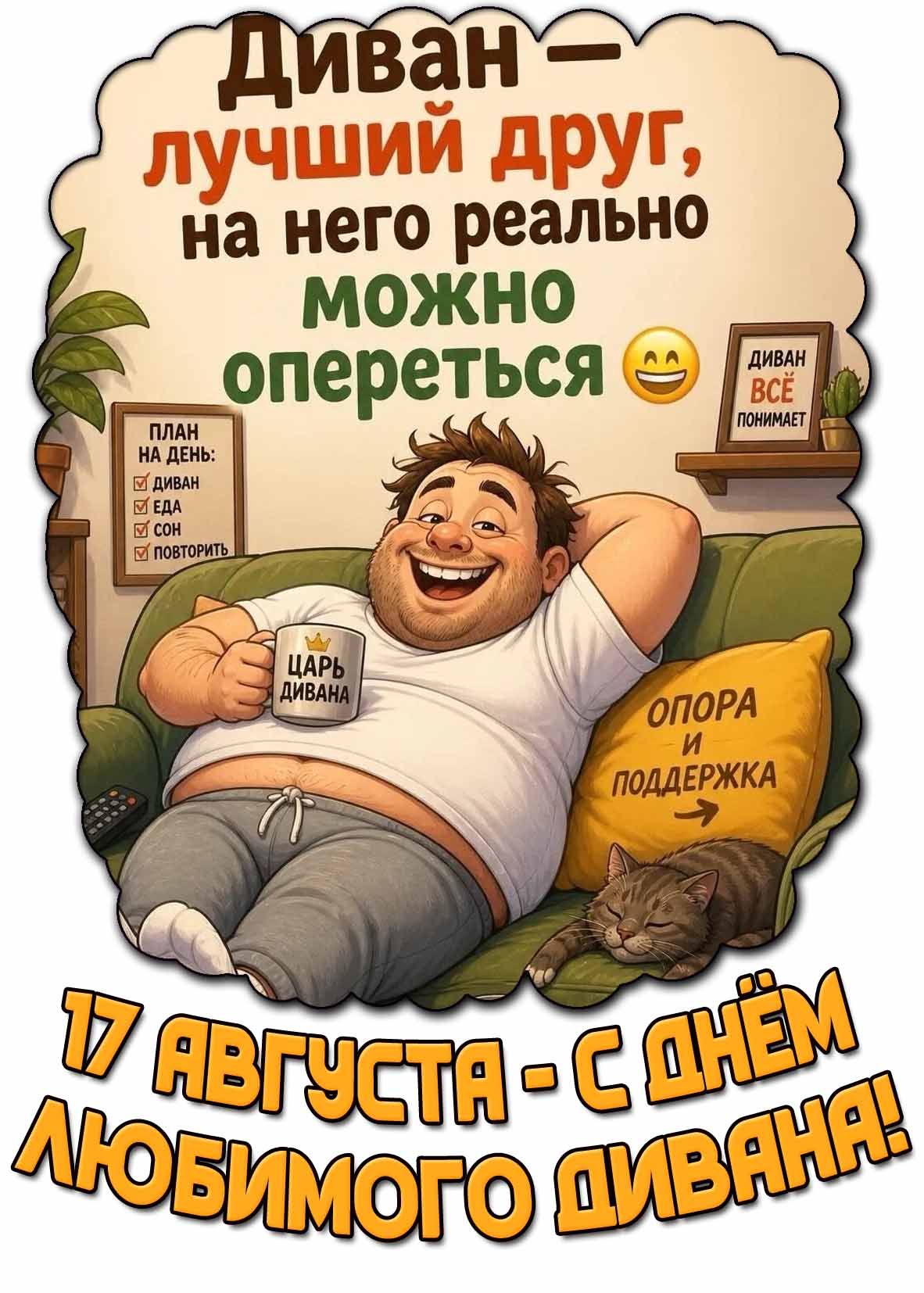 Диван — лучший друг, на него реально можно оперетьcя. План на день: диван, еда, сон, повторить. Диван всё понимает. Царь дивана. Опора и поддержка. 17 августа - с днем любимого дивана!