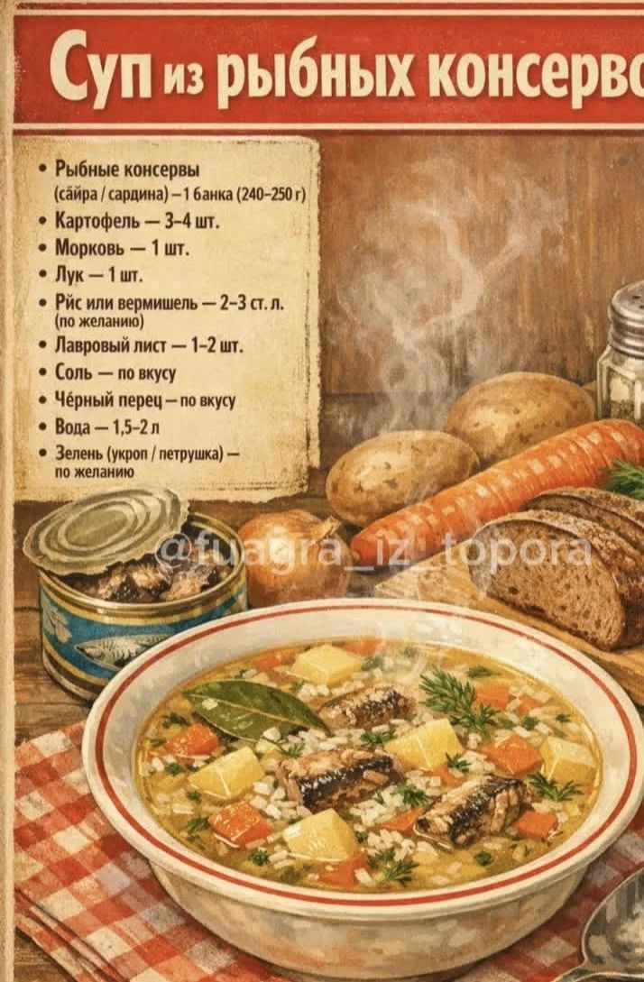 Суп из рыбных консервов
Рыбные консервы (сайра / сардина) – 1 банка (240-250 г)
Картофель – 3-4 шт.
Морковь – 1 шт.
Лук – 1 шт.
Рис или вермишель – 2-3 ст. л. (по желанию)
Лавровый лист – 1-2 шт.
Соль – по вкусу
Чёрный перец – по вкусу
Вода – 1,5-2 л
Зелень (укроп / петрушка) – по желанию