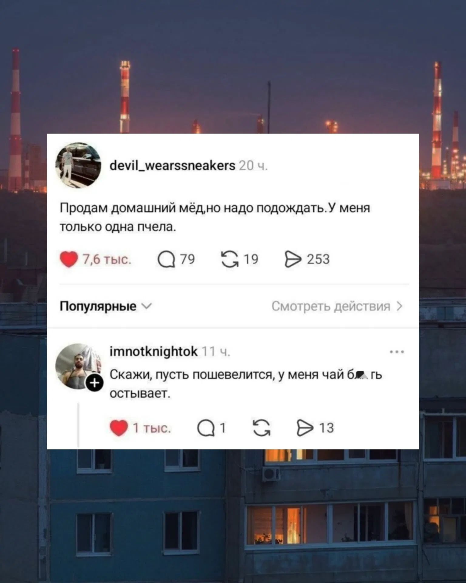 devil_wearssneakers 20 ч. Продам домашний мёд, но надо подождать. У меня только одна пчела. imnotknightok 11 ч. Скажи, пусть пошевелится, у меня чай бл..ть остывает.