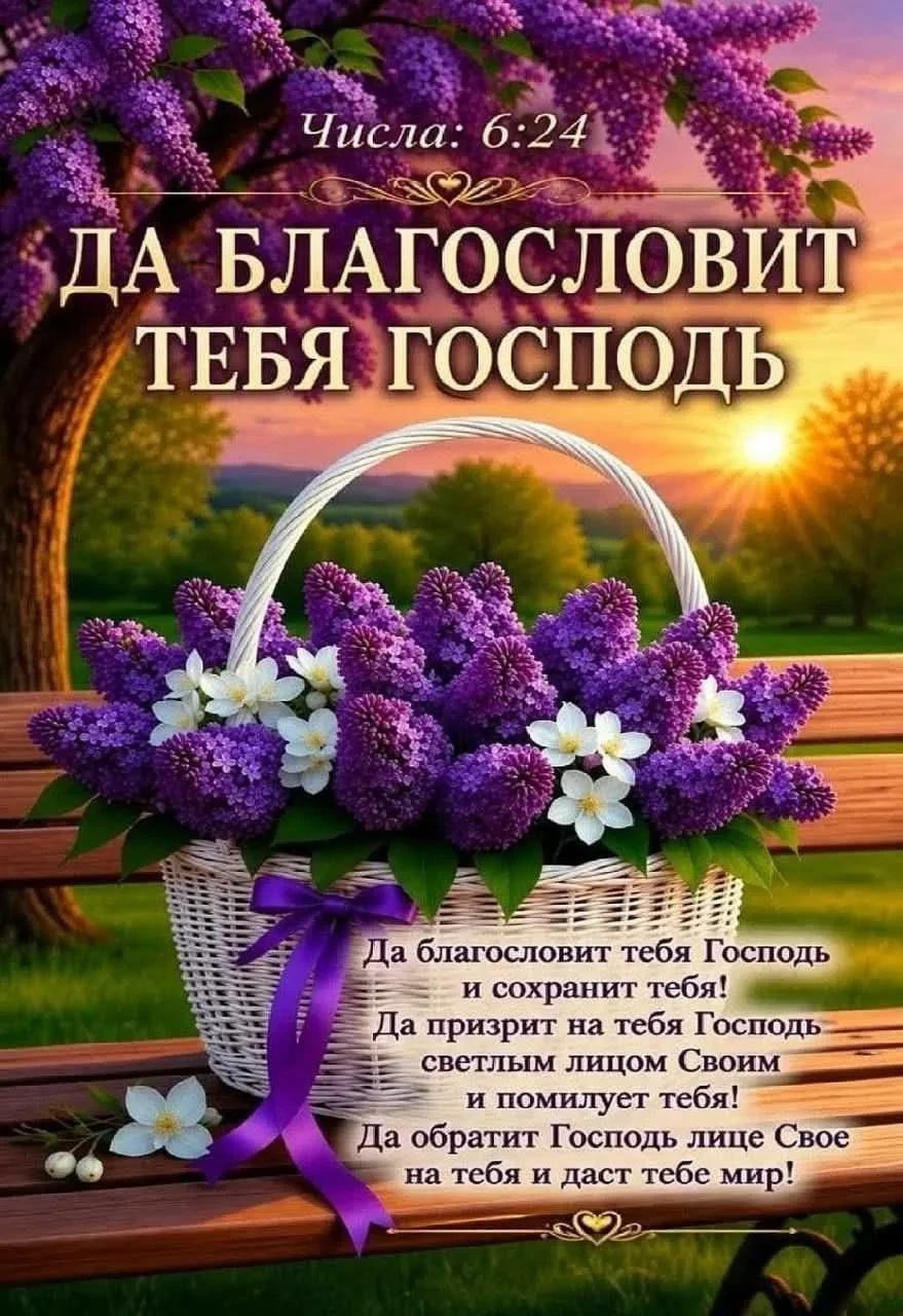 Числа: 6:24 Да благословит тебя Господь Да благословит тебя Господь и сохранит тебя! Да призрит на тебя Господь светлым лицом Своим и помилует тебя! Да обратит Господь лице Свое на тебя и даст тебе мир!