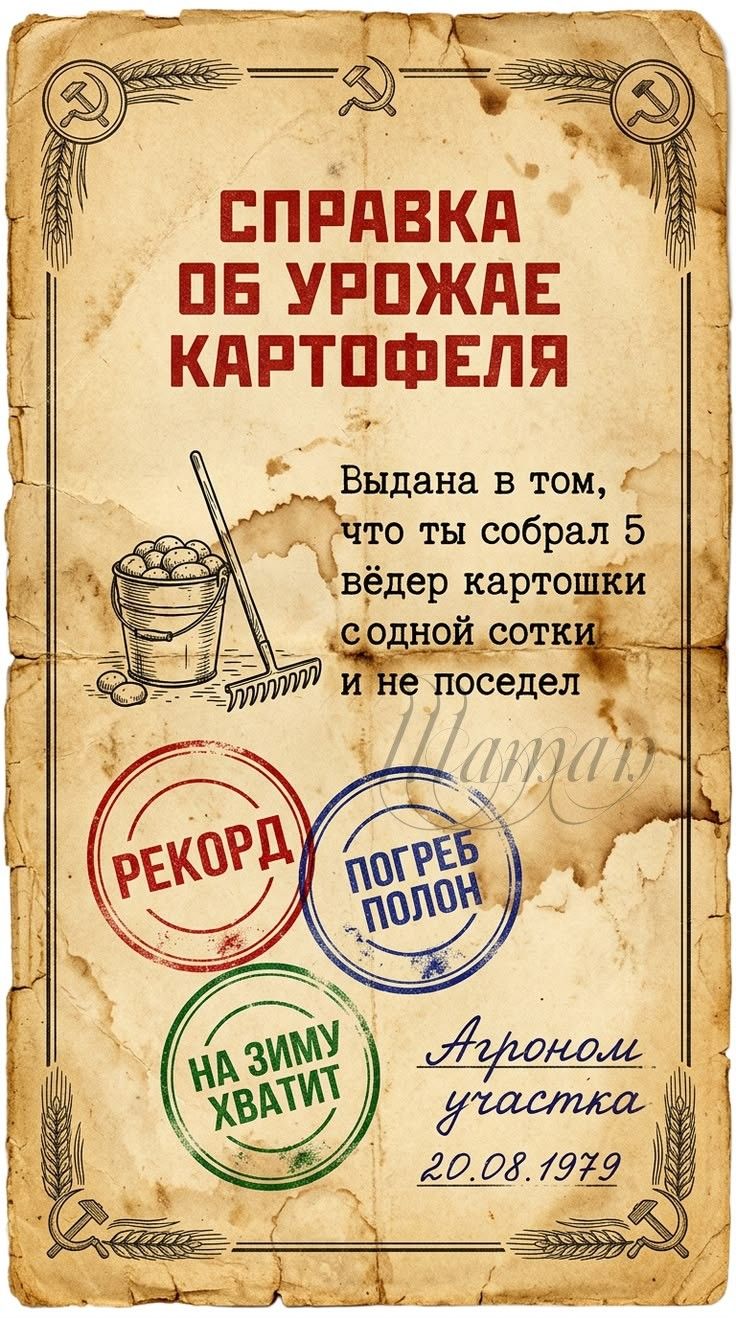 СПРАВКА ОБ УРОЖАЕ КАРТОФЕЛЯ Выдана в том, что ты собрал 5 вёдер картошки с одной сотки и не поседел РЕКОРД ПОГРЕБ ПОЛОН НА ЗИМУ ХВАТИТ Агроном участка 20.08.1979