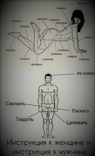 Хватать Гладить Шлепать Сжимать Целовать Гладить Ласкать Гладить Гладить Гладить Целовать Сжимать Целовать Гладить Сжимать Не пилить Сжимать Ласкать Гладить Целовать Инструкция к женщине и инструкция к мужчине
