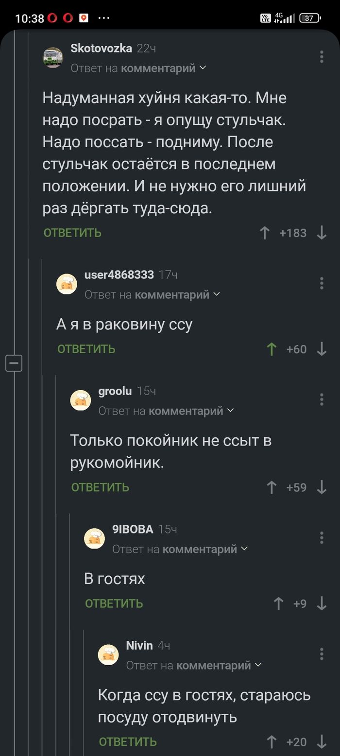 Надуманная хуйня какая-то. Мне надо посрать - я опущу стульчак. Надо поссать - подниму. После стульчак остаётся в последнем положении. И не нужно его лишний раз дёргать туда-сюда. А я в раковину ссу. Только покойник не ссыт в рукомойник. В гостях. Когда ссу в гостях, стараюсь посуду отодвинуть