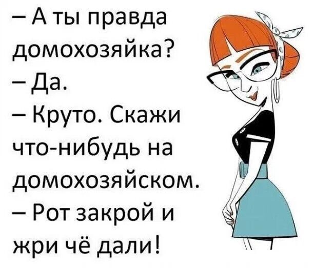 – А ты правда домохозяйка?
– Да.
– Круто. Скажи что-нибудь на домохозяйском.
– Рот закрой и жри чё дали!
