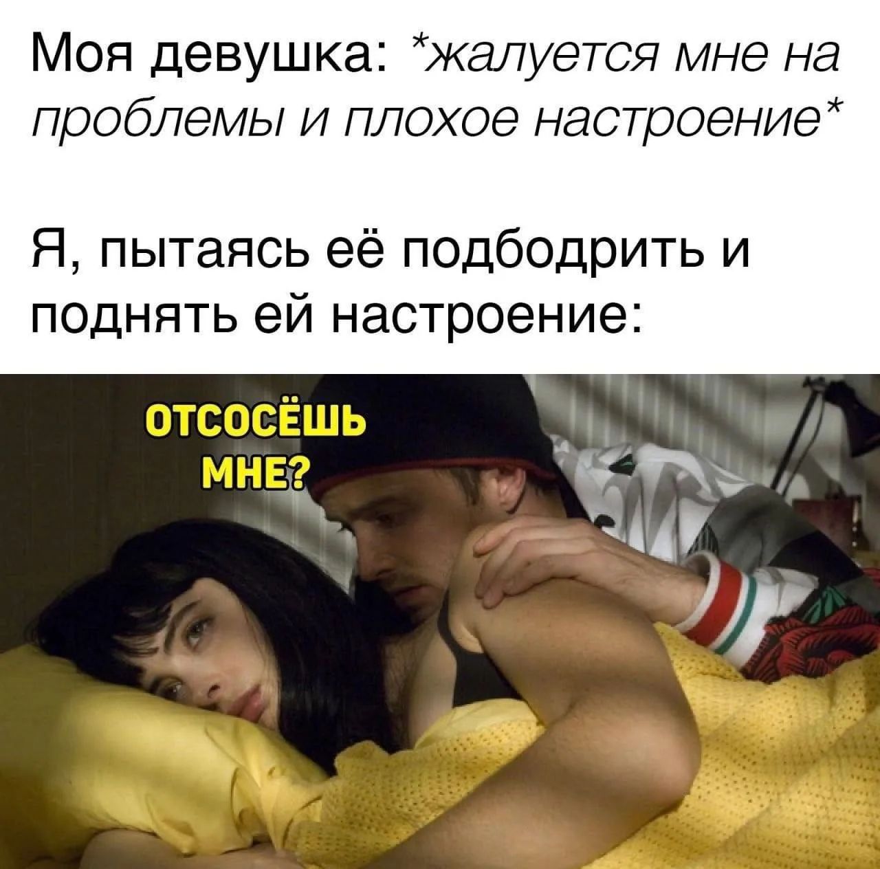 Моя девушка: *жалуется мне на проблемы и плохое настроение* Я, пытаюсь её подбодрить и поднять ей настроение: отсосёшь мне?