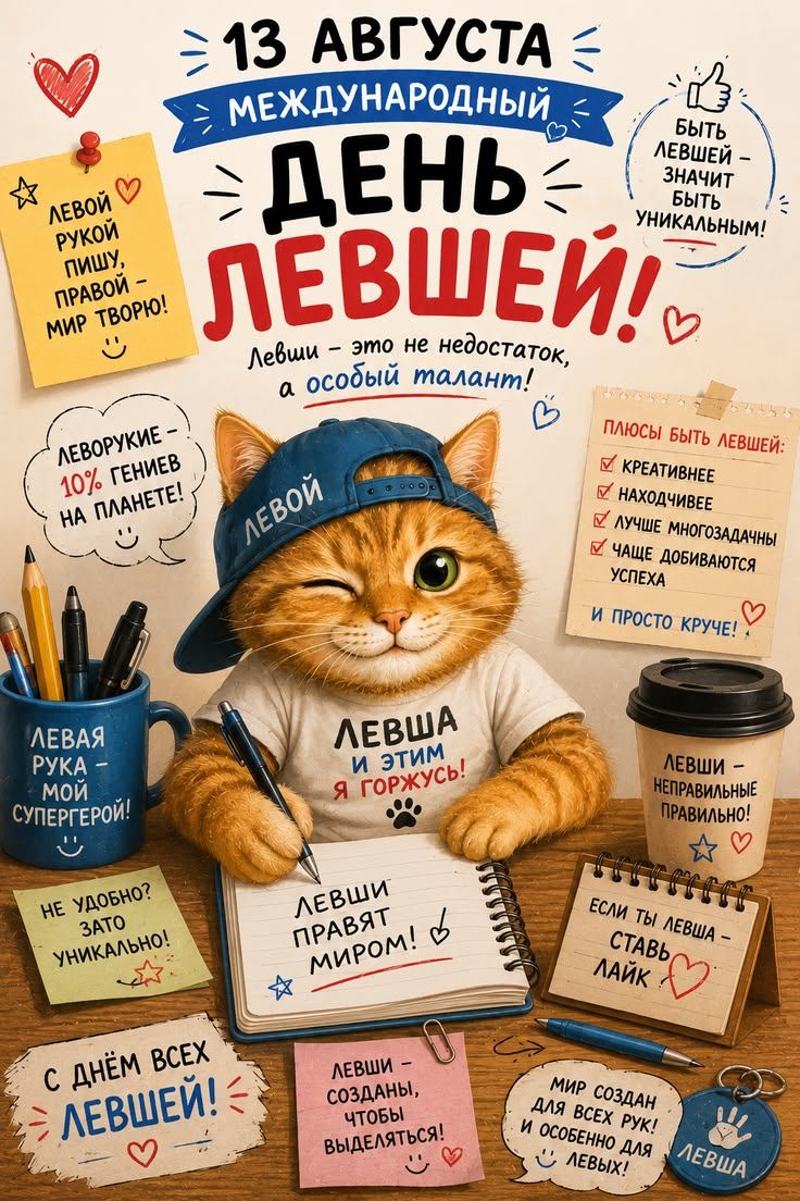 13 АВГУСТА МЕЖДУНАРОДНЫЙ ДЕНЬ ЛЕВШЕЙ! БЫТЬ ЛЕВШЕЙ - ЗНАЧИТ БЫТЬ УНИКАЛЬНЫМ! ЛЕВОЙ РУКОЙ ПИШУ, ПРАВОЙ - МИР ТВОРЮ! Левши - это не недостаток, а особый талант! ЛЕВОРУКИЕ - 10% ГЕНИЕВ НА ПЛАНЕТЕ! ПЛЮСЫ БЫТЬ ЛЕВШЕЙ: КРЕАТИВНЕЕ, НАХОДЧИВЕЕ, ЛУЧШЕ МНОГОЗАДАЧНЫ, ЧАЩЕ ДОБИВАЮТСЯ УСПЕХА И ПРОСТО КРУЧЕ! ЛЕВАЯ РУКА - МОЙ СУПЕРГЕРОЙ! ЛЕВША И ЭТИМ Я ГОРЖУСЬ!