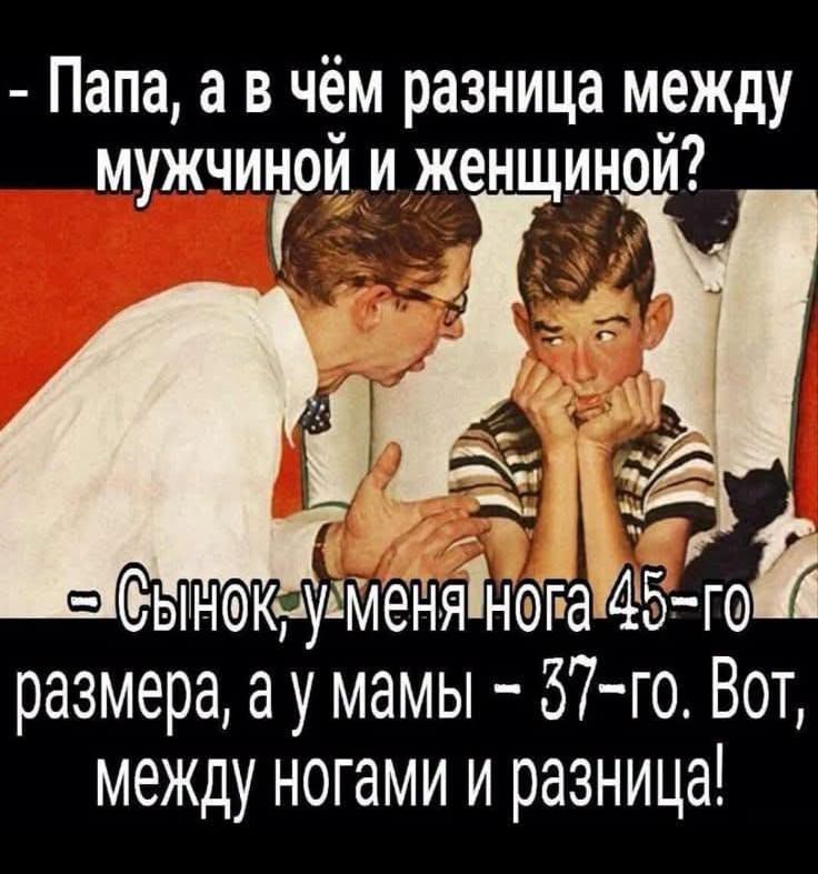 Папа, а в чём разница между мужчиной и женщиной? Сынок, у меня нога 45-го размера, а у мамы – 37-го. Вот, между ногами и разница!