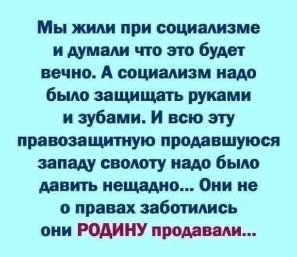 Мы жили при социализме и думали что это будет вечно. А социализм надо было защищать руками и зубами. И всю эту правозащитную продающуюся западу сволоту надо было давить нещадно... Они не о правах заботились они РОДИНУ продавали...