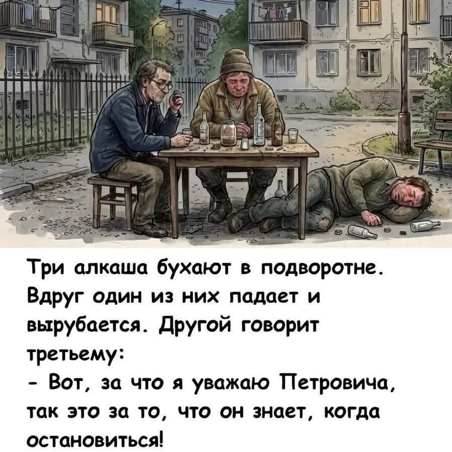 Три алкаша бухают в подворотне. Вдруг один из них падает и вырубается. Другой говорит третьему: - Вот, за что я уважаю Петровича, так это за то, что он знает, когда остановиться!