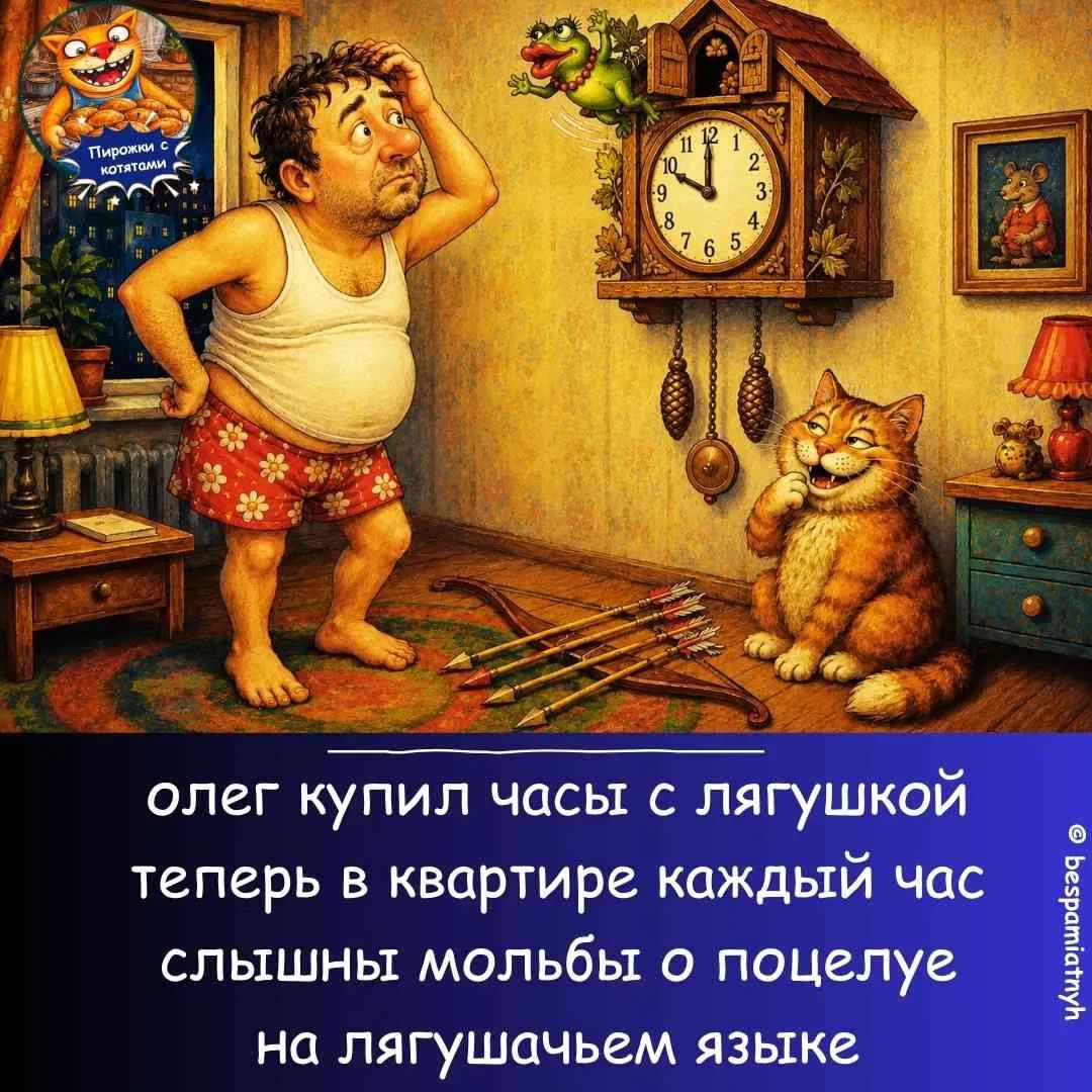 олег купил часы с лягушкой теперь в квартире каждый час слышны мольбы о поцелуе на лягушачьем языке Пирожки с котятами