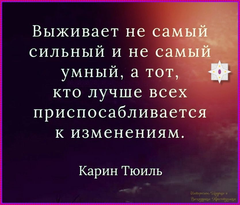 Выживает не самый сильный и не самый умный, а тот, кто лучше всех приспосабливается к изменениям. Карин Тюиль. Интересное. Мудрым и Веселушкам Красотулькам.