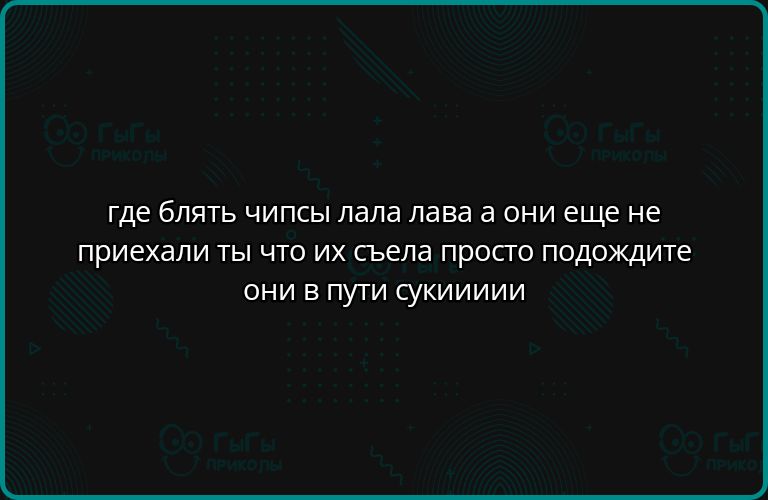 ГДЕ БЛЯТЬ ЧИПСЫ ЛАЛА ЛАВА А ОНИ ЕЩЕ НЕ ПРИЕХАЛИ ТЫ ЧТО ИХ СЪЕЛА ПРОСТО ПОДОЖДИТЕ ОНИ В ПУТИ СУКИИИИИ