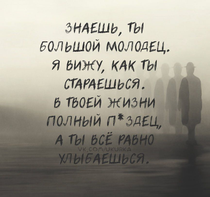 Знаешь, ты большой молодец. Я вижу, как ты стараешься. В твоей жизни полный п*здец, а ты всё равно улыбаешься.