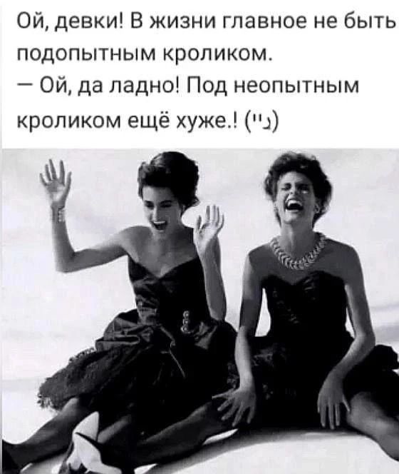 Ой, девки! В жизни главное не быть подопытным кроликом. — Ой, да ладно! Под неопытным кроликом ещё хуже.! (˘')