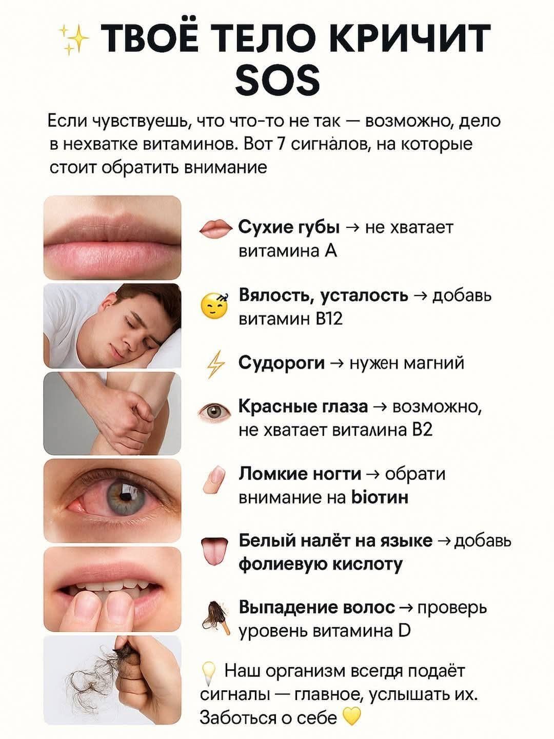 ТВОЁ ТЕЛО КРИЧИТ SOS
Если чувствуешь, что что-то не так — возможно, дело в нехватке витаминов. Вот 7 сигналов, на которые стоит обратить внимание
Сухие губы → не хватает витамина А
Вялость, усталость → добавь витамин В12
Судороги → нужен магний
Красные глаза → возможно, не хватает витамина В2
Ломкие ногти → обрати внимание на biotin
Белый налёт на
