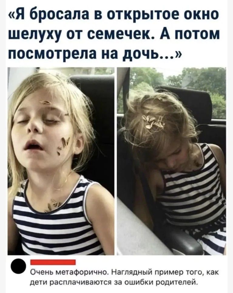 Я бросала в открытое окно шелуху от семечек. А потом посмотрела на дочь... Очень метафорично. Наглядный пример того, как дети расплачиваются за ошибки родителей.