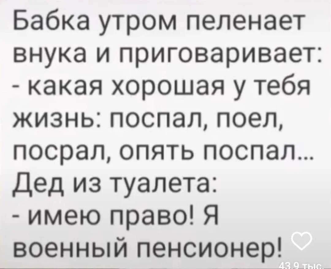 Бабка утром пеленает внука и приговаривает: - какая хорошая у тебя жизнь: поспал, поел, посрал, опять поспал... Дед из туалета: - имею право! Я военный пенсионер!