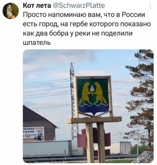 Кот лета @SchwarzPlatte Просто напоминаю вам, что в России есть город, на гербе которого показано как два бобра у реки не поделили шпатель