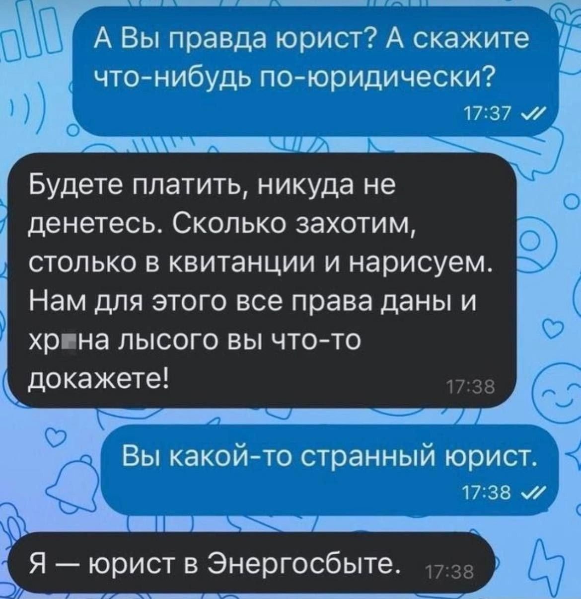 А Вы правда юрист? А скажите что-нибудь по-юридически? Будете платить, никуда не денетесь. Сколько захотим, столько в квитанции и нарисуем. Нам для этого все права даны и хр**а лысого вы что-то докажете! Вы какой-то странный юрист. Я — юрист в Энергосбыте.