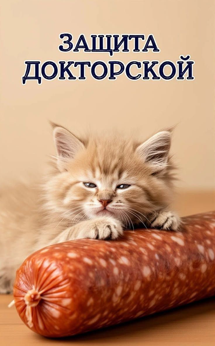 ЗАЩИТА ДОКТОРСКОЙ. Котенок лежит на колбасе Докторской, как будто защищает ее.