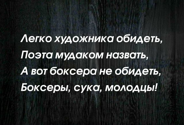 Легко художника обидеть, Поэта мудаком назвать, А вот боксера не обидеть, Боксеры, сука, молодцы!