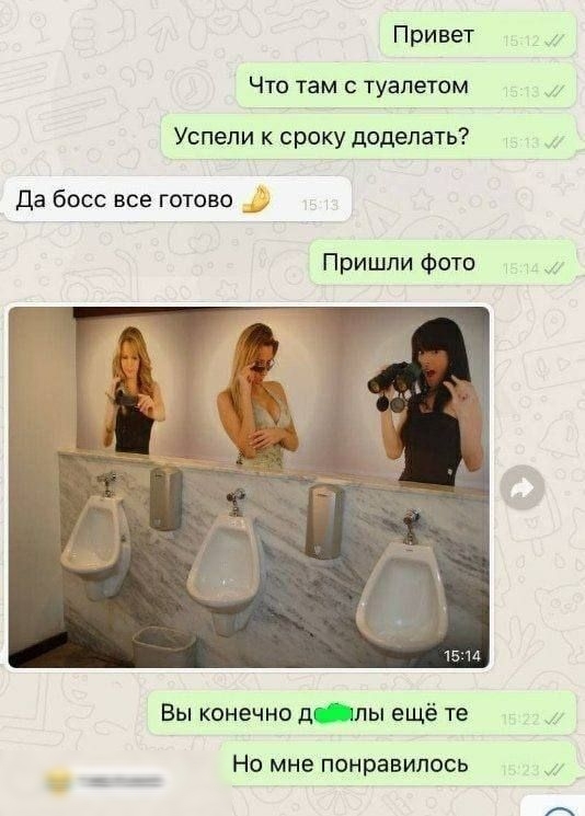 Привет Что там с туалетом Успели к сроку доделать? Да босс все готово Пришли фото Вы конечно д***лы еще те Но мне понравилось. На фотографии в мужском туалете над писсуарами встроены изображения трех девушек, смотрящих вниз.
