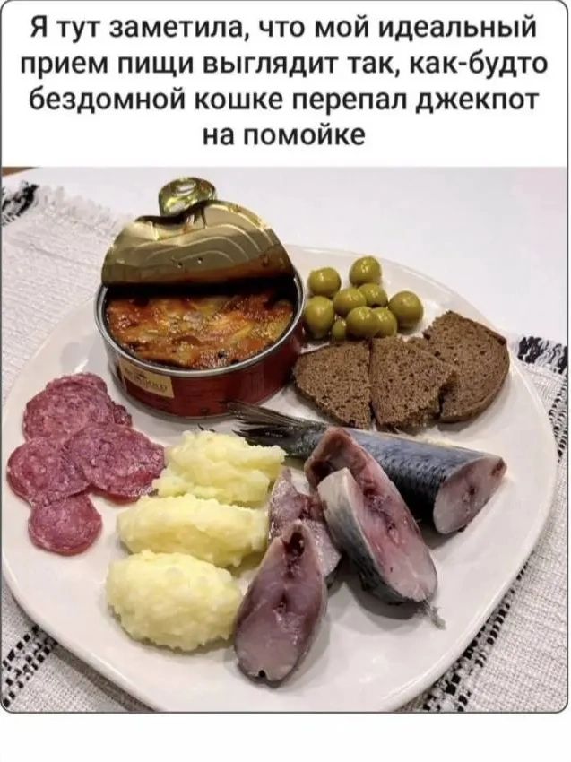 Я тут заметила, что мой идеальный прием пищи выглядит так, как-будто бездомной кошке перепал джекпот на помойке